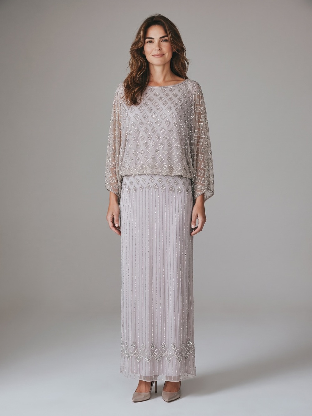 Pisarro Nights Diamond Motif Mesh Blouson Gown